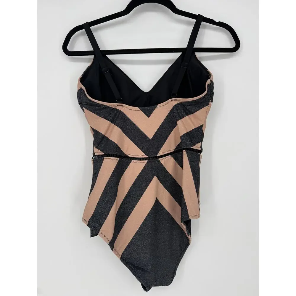 Biliblond One Piece Swimsuit Arava Stripes Black Nude Metallic Size Large L - Picture 8 of 9